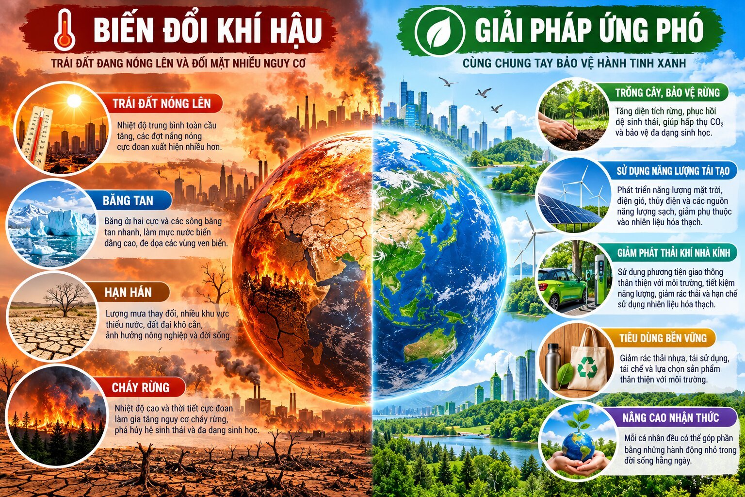 Infographic biến đổi khí hậu với hiện tượng Trái Đất nóng lên, băng tan, hạn hán và giải pháp bảo vệ môi trường bền vững