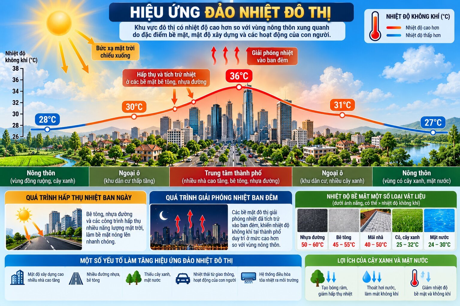 Infographic hiệu ứng đảo nhiệt đô thị so sánh nhiệt độ giữa trung tâm thành phố, ngoại ô và nông thôn với nhà cao tầng, cây xanh