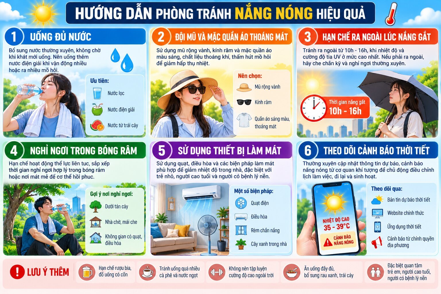 Infographic hướng dẫn cách phòng tránh nắng nóng hiệu quả bằng uống đủ nước, mặc đồ thoáng mát, nghỉ nơi râm và theo dõi thời tiết