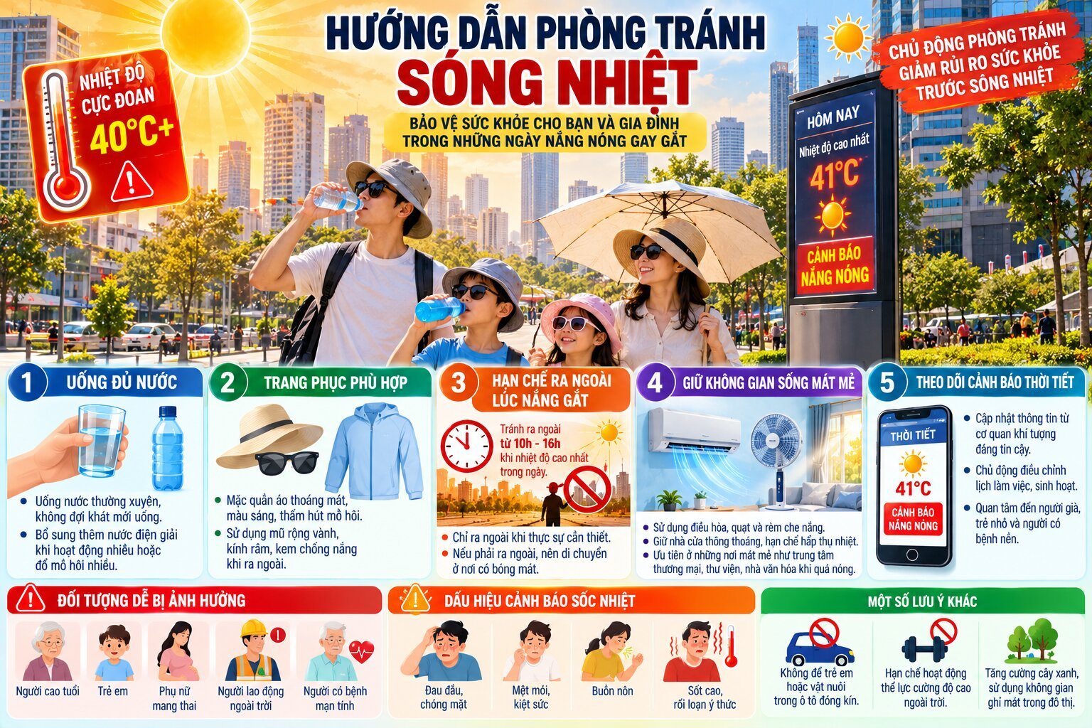 Infographic hướng dẫn phòng tránh sóng nhiệt bằng cách uống đủ nước, tránh nắng gắt, làm mát cơ thể và theo dõi cảnh báo thời tiết