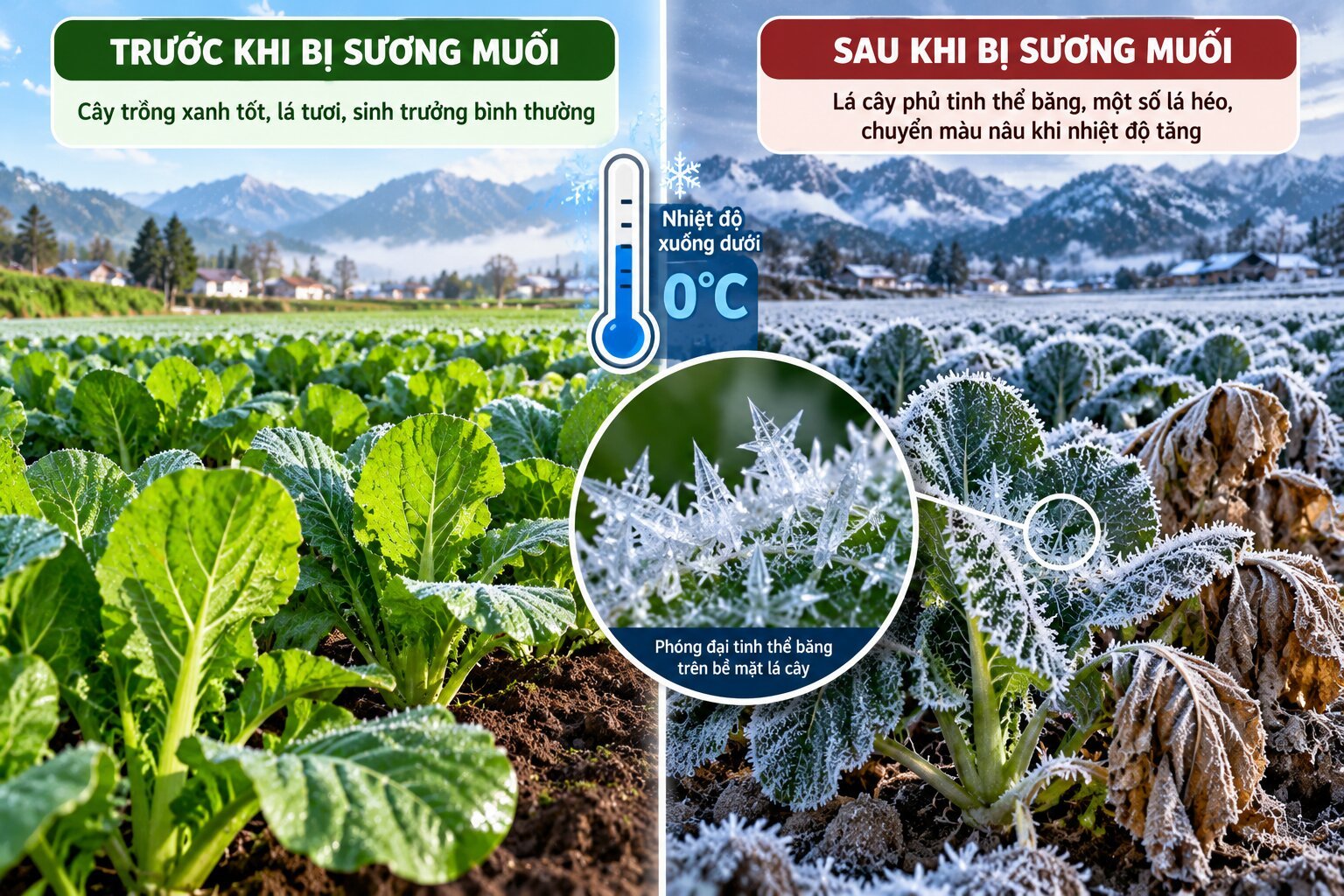 Hình minh họa tác hại của sương muối đối với cây trồng với lá rau phủ tinh thể băng, tổn thương mô và hiện tượng cháy lá