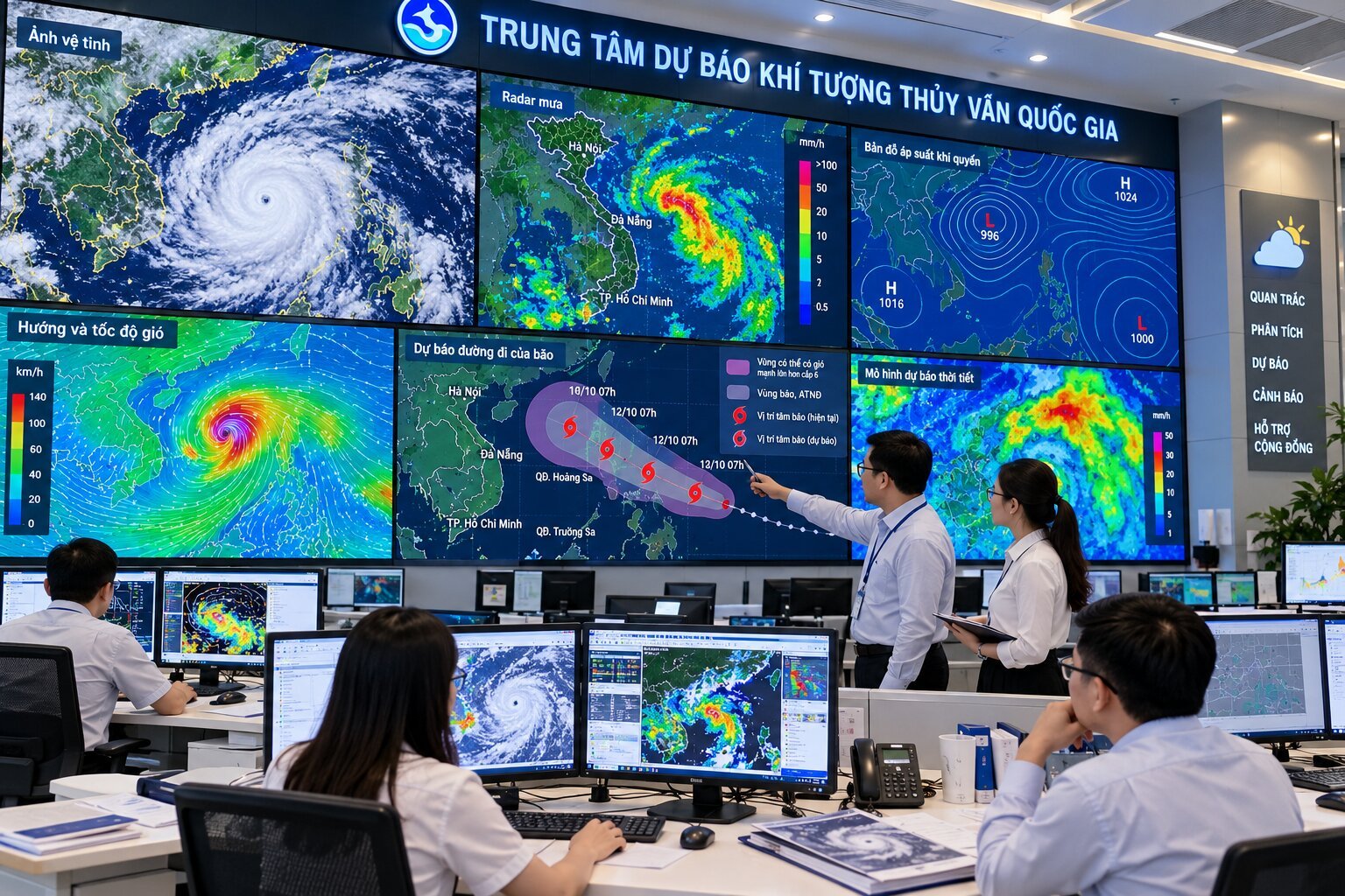 Trung tâm khí tượng học hiện đại với màn hình radar, ảnh vệ tinh, bản đồ dự báo bão và chuyên gia phân tích dữ liệu thời tiết
