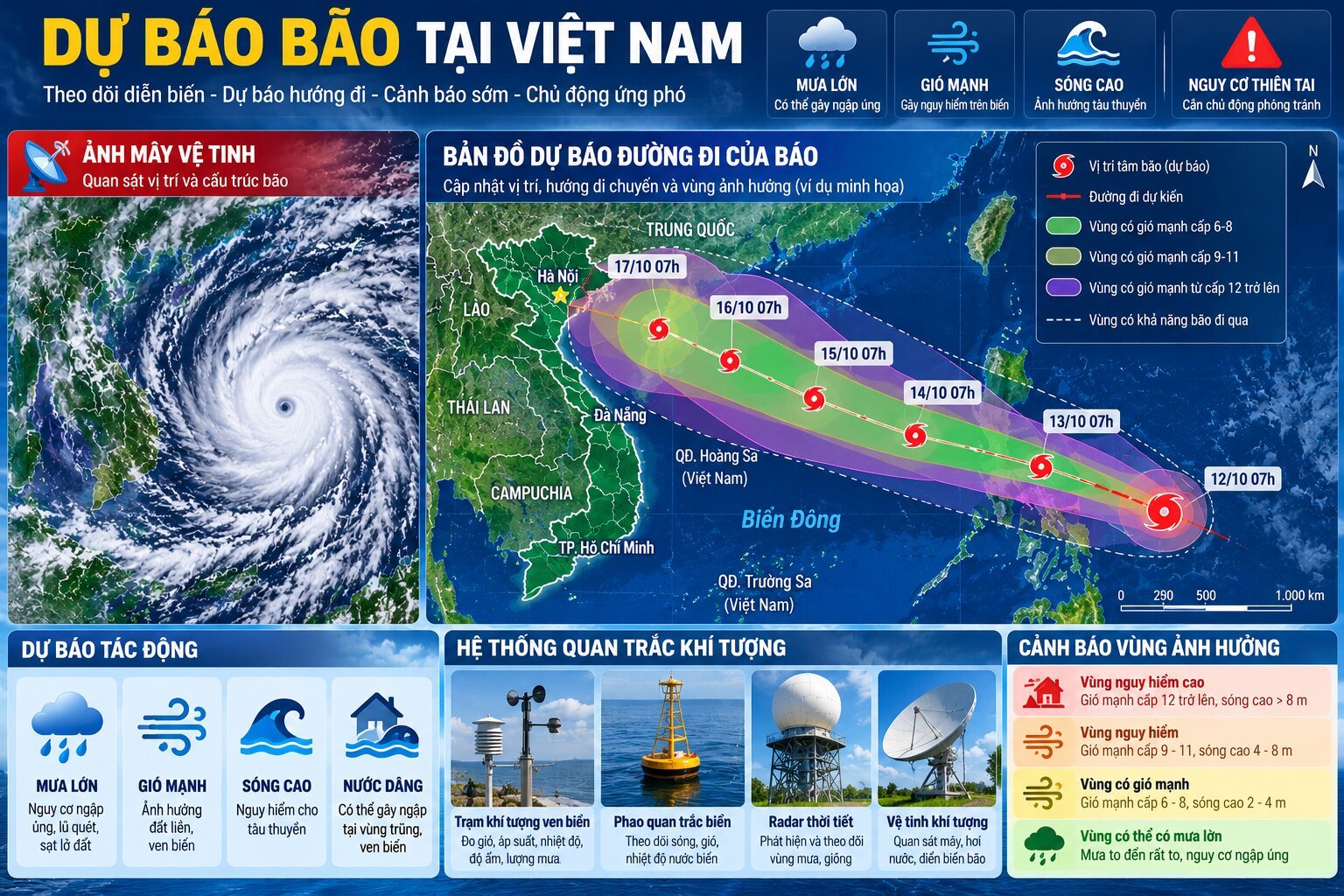 Infographic dự báo bão trên Biển Đông với bản đồ đường đi dự kiến, vùng gió mạnh, mưa lớn và hệ thống quan trắc khí tượng Việt Nam
