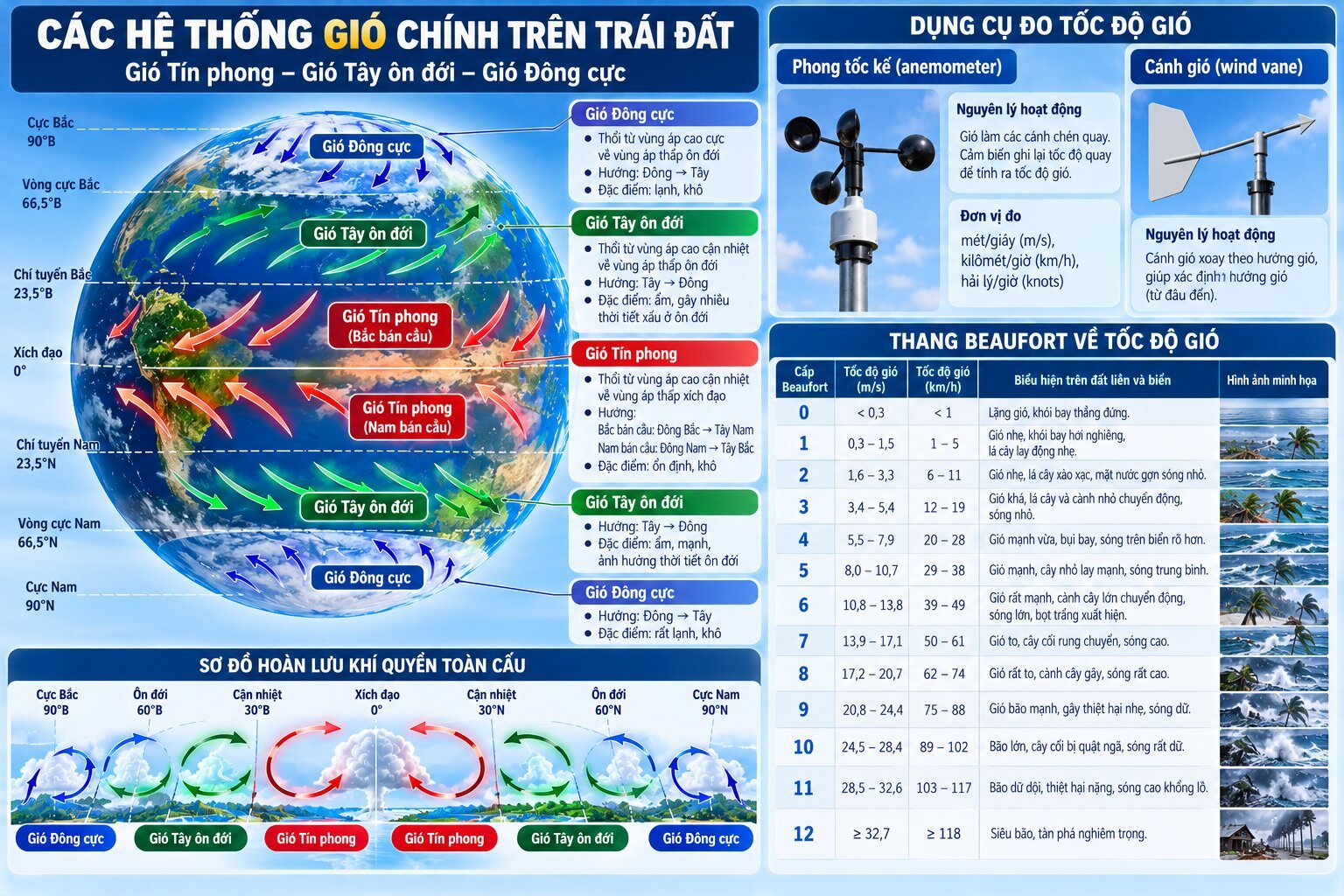 Infographic minh họa gió Tín phong, gió Tây ôn đới, gió Đông cực cùng phong tốc kế, hướng gió và thang đo sức gió Beaufort