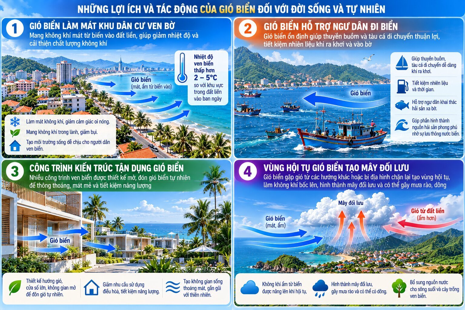 Infographic thể hiện vai trò của gió biển và gió đất trong điều hòa nhiệt độ, hoạt động đánh bắt thủy sản và thông gió vùng ven biển