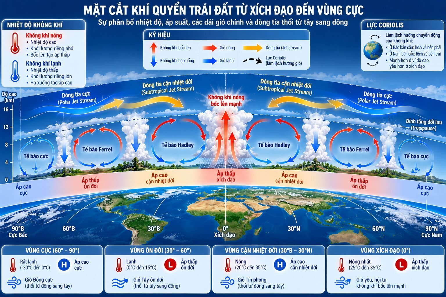 Sơ đồ giải thích dòng tia Jet Stream là gì và cơ chế hình thành gió mạnh trên cao do chênh lệch nhiệt độ và lực Coriolis