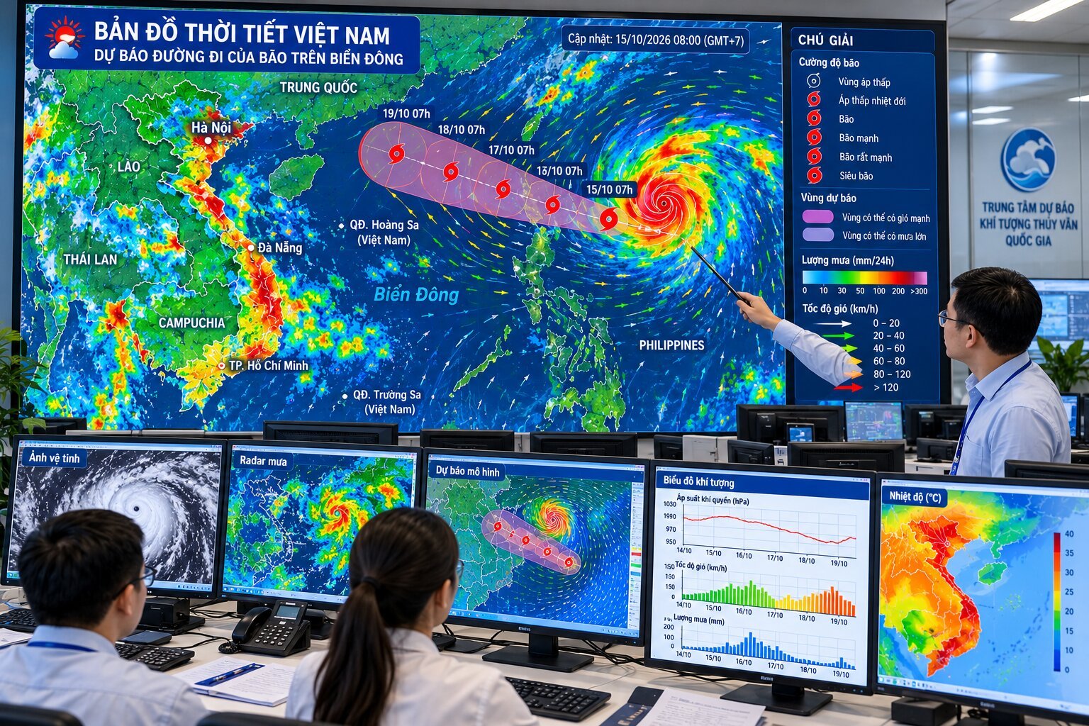 Bản đồ thời tiết Việt Nam với đường đi dự báo bão trên Biển Đông, vùng mưa lớn, hướng gió và dữ liệu vệ tinh khí tượng