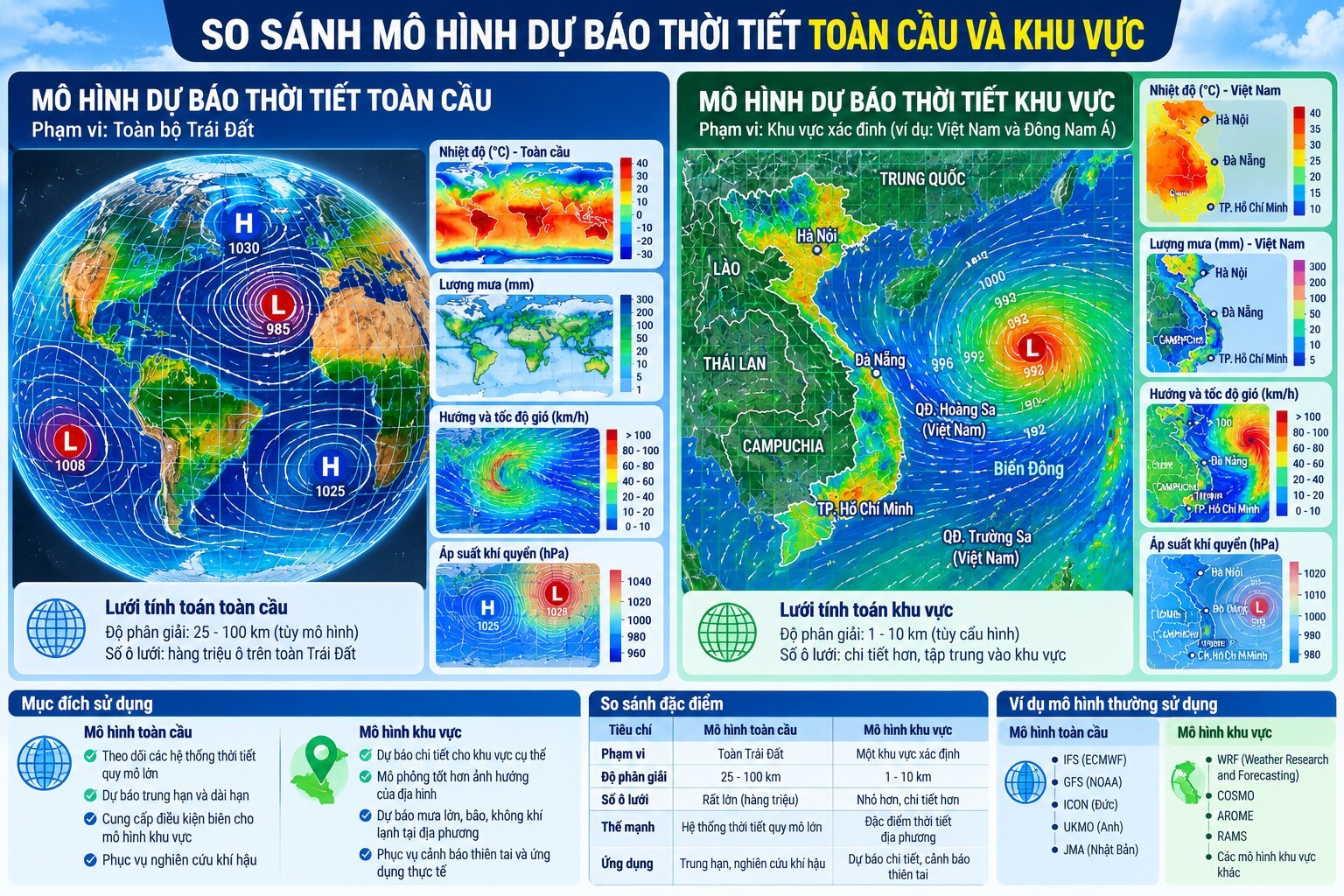 Hình so sánh mô hình dự báo thời tiết toàn cầu và khu vực với bản đồ lưới tính toán, nhiệt độ, lượng mưa và hướng gió tại Việt Nam