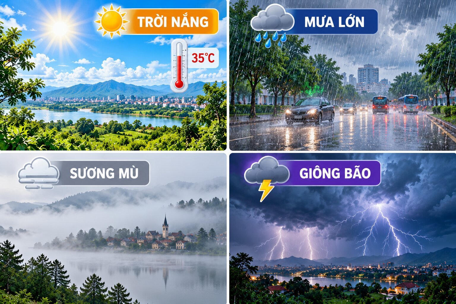 Hình minh họa bốn hiện tượng thời tiết thường gặp gồm trời nắng, mưa lớn, sương mù và giông bão trong môi trường tự nhiên