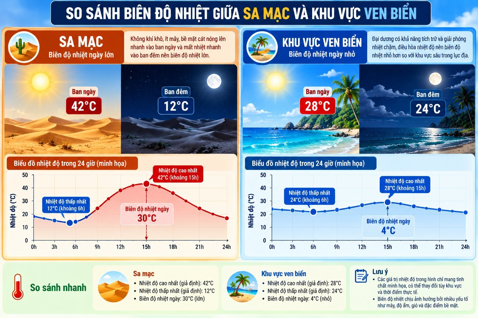Infographic so sánh biên độ nhiệt ngày ở sa mạc và ven biển, thể hiện sự khác biệt nhiệt độ ban ngày, ban đêm và vai trò của đại dương