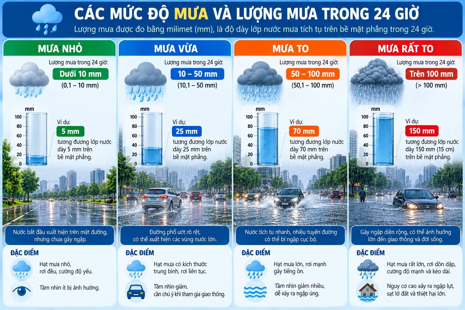 Bảng minh họa phân loại lượng mưa nhỏ, mưa vừa, mưa to và mưa rất to theo đơn vị mm trong khoảng thời gian 24 giờ
