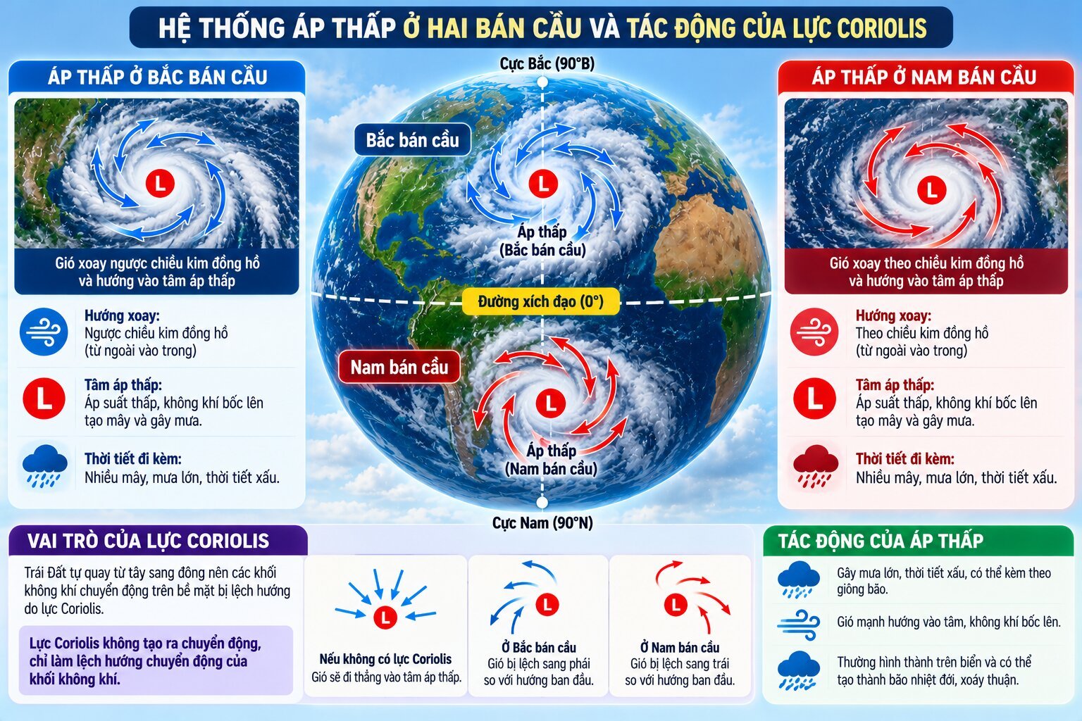 Infographic minh họa hiệu ứng Coriolis làm hoàn lưu áp thấp xoay ngược chiều kim đồng hồ ở Bắc bán cầu và cùng chiều ở Nam bán cầu