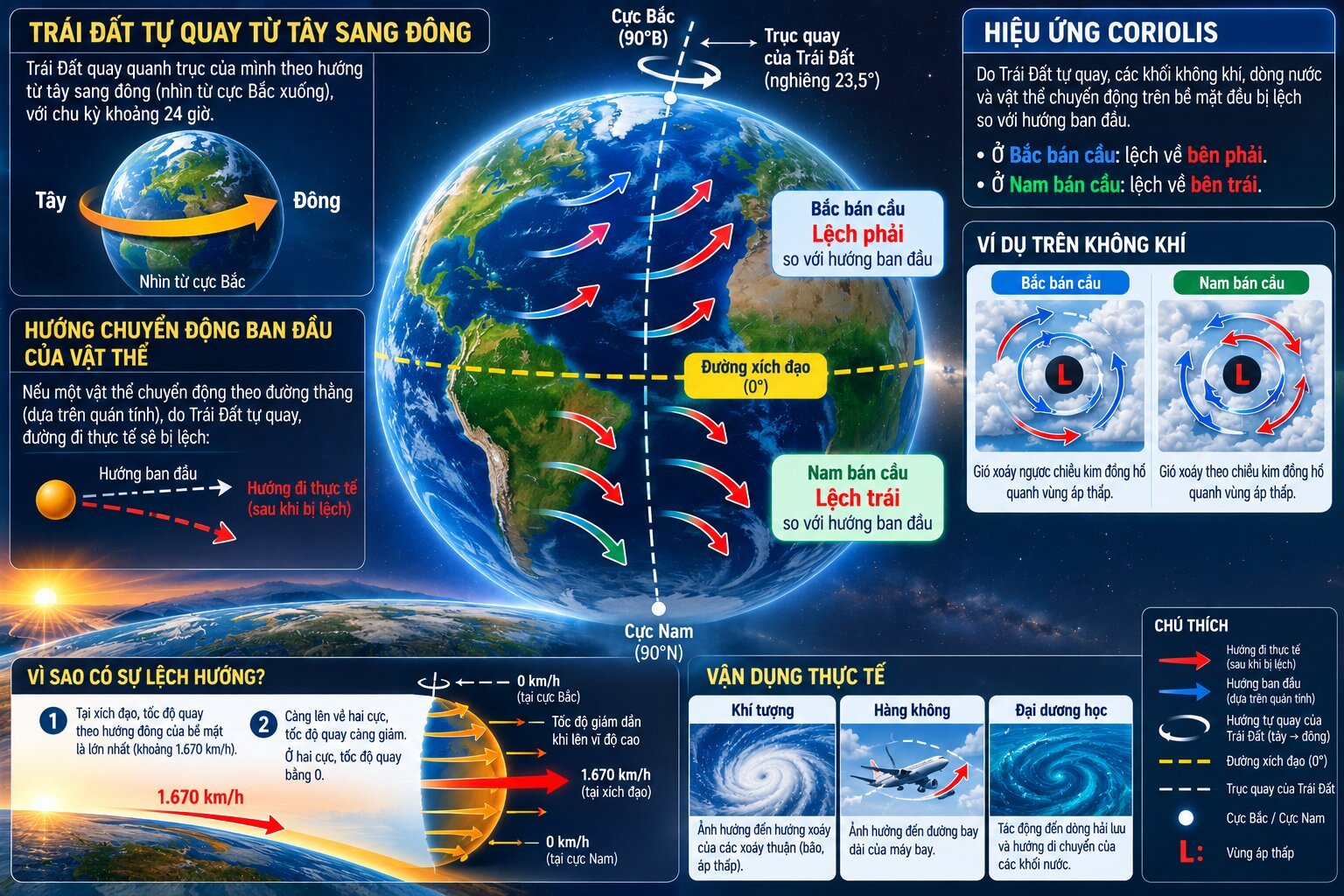 Sơ đồ hiệu ứng Coriolis trên Trái Đất minh họa hướng tự quay, sự lệch phải ở Bắc bán cầu và lệch trái ở Nam bán cầu