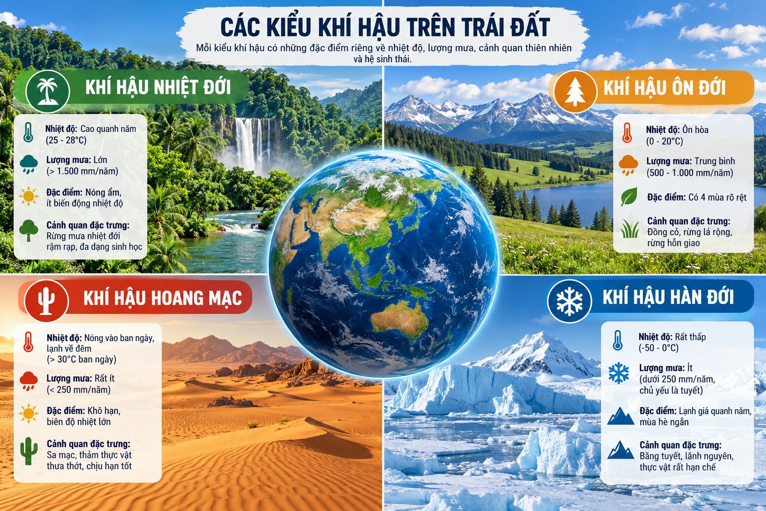 Minh họa các kiểu khí hậu trên Trái Đất gồm nhiệt đới, ôn đới, hàn đới và hoang mạc với cảnh quan thiên nhiên đặc trưng