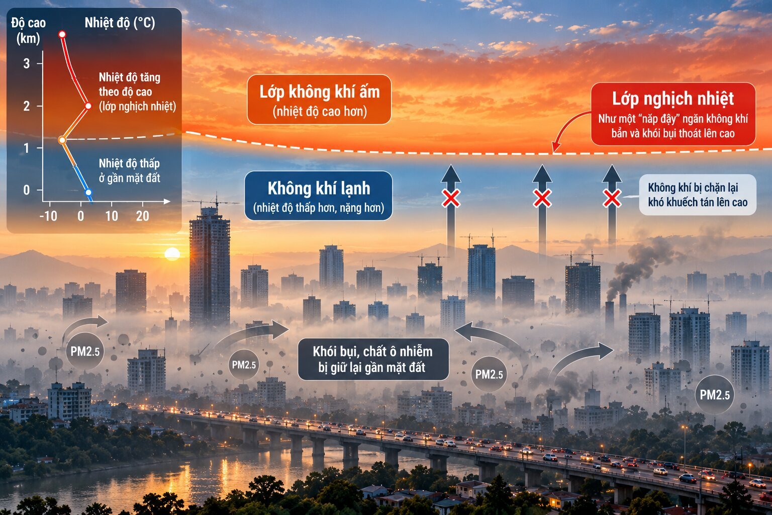  Thành phố bị bao phủ bởi sương mù và bụi mịn PM2.5 do lớp nghịch nhiệt hạn chế sự khuếch tán không khí ô nhiễm