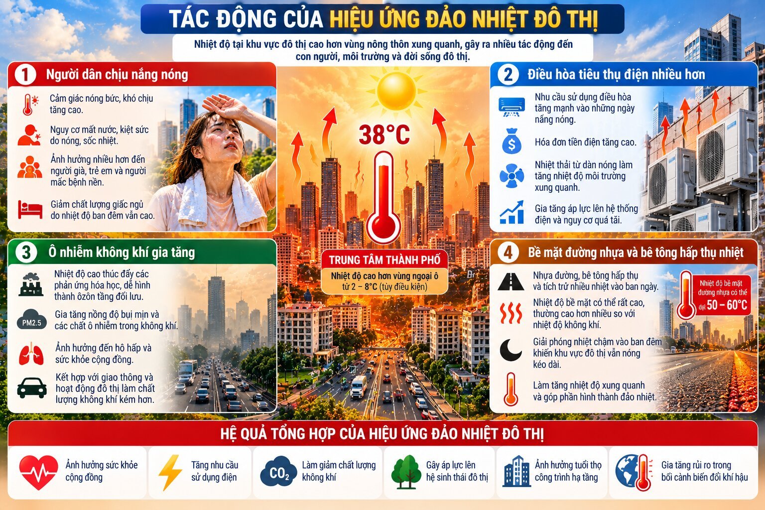 Infographic tác động của hiệu ứng đảo nhiệt đô thị đến sức khỏe, tiêu thụ điện, chất lượng không khí và môi trường sống thành phố