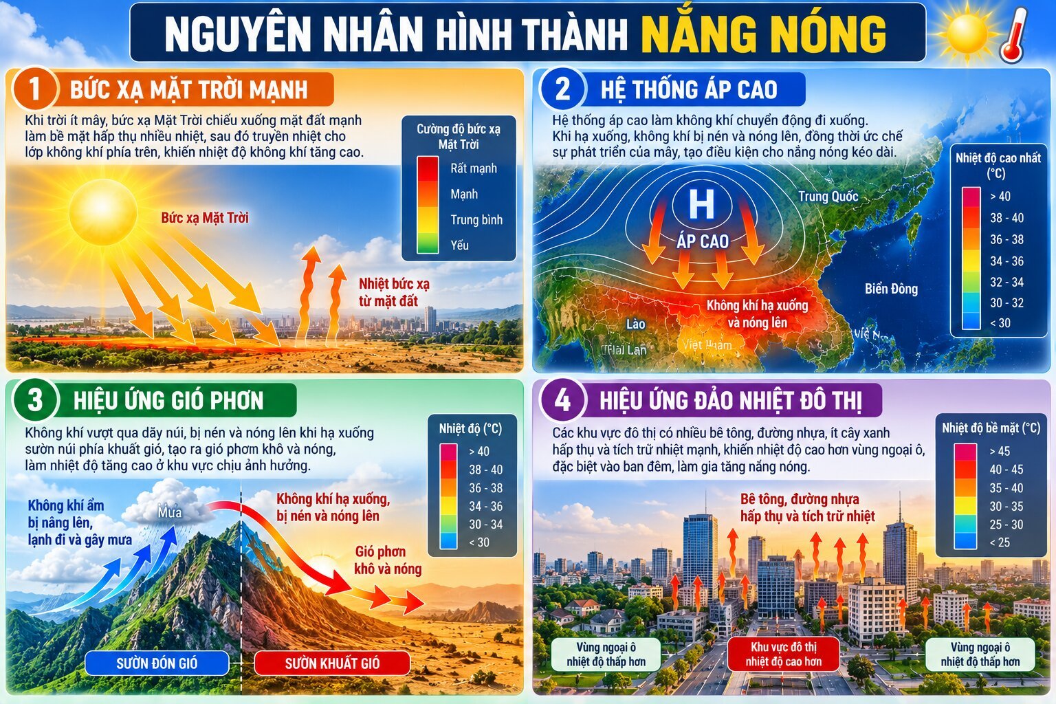  Infographic giải thích nguyên nhân gây nắng nóng gồm bức xạ Mặt Trời, áp cao khí quyển, hiệu ứng gió phơn và đảo nhiệt đô thị
