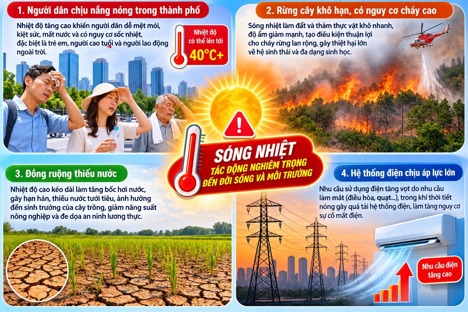 Infographic tác động của sóng nhiệt đến sức khỏe con người, cháy rừng, hạn hán nông nghiệp và hệ thống điện trong mùa nóng