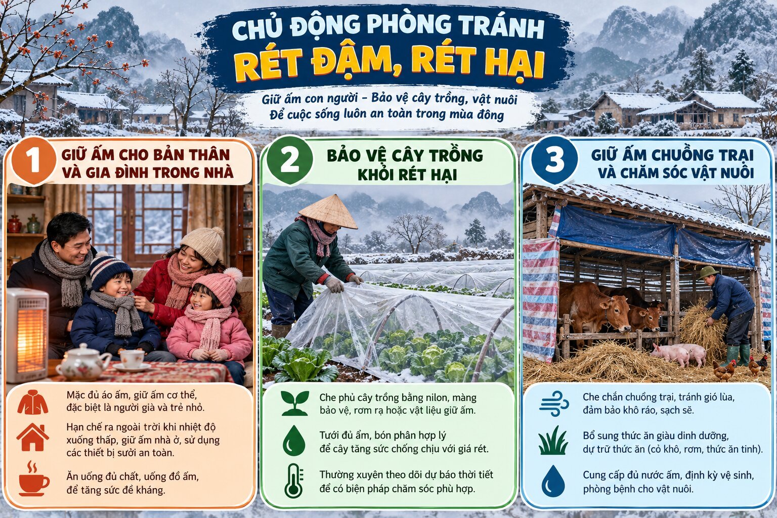 Infographic hướng dẫn phòng tránh rét đậm và rét hại cho con người, cây trồng và vật nuôi trong mùa đông tại Việt Nam