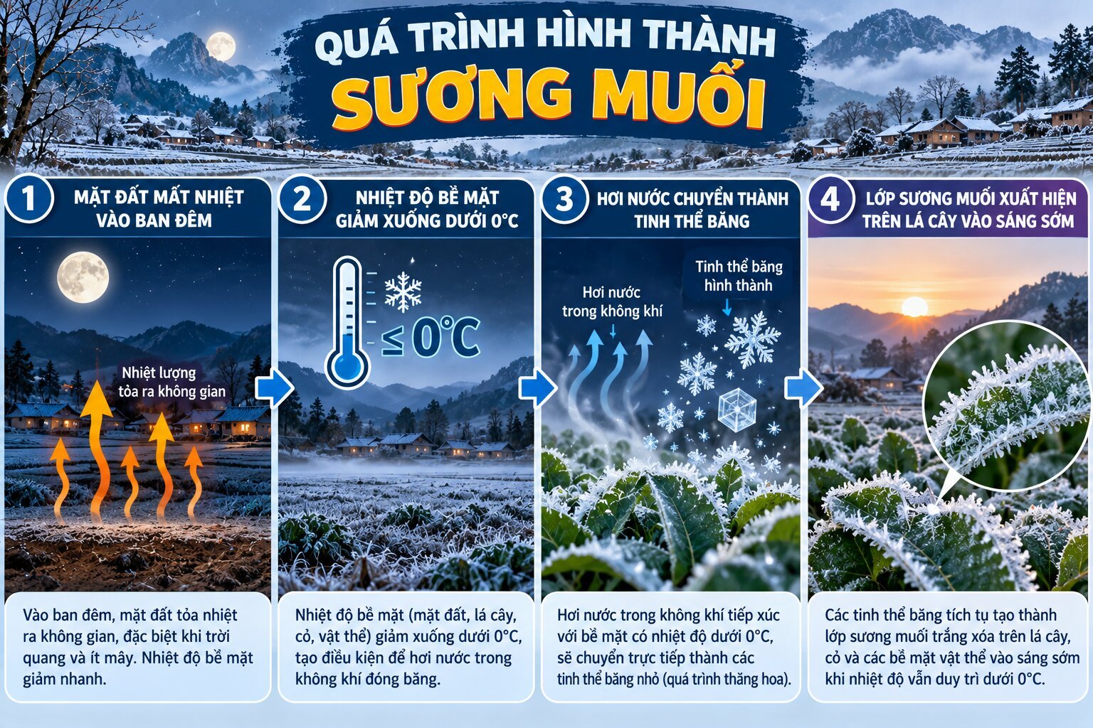  Infographic giải thích sương muối là gì và quá trình hình thành tinh thể băng trên lá cây khi nhiệt độ bề mặt xuống dưới 0°C