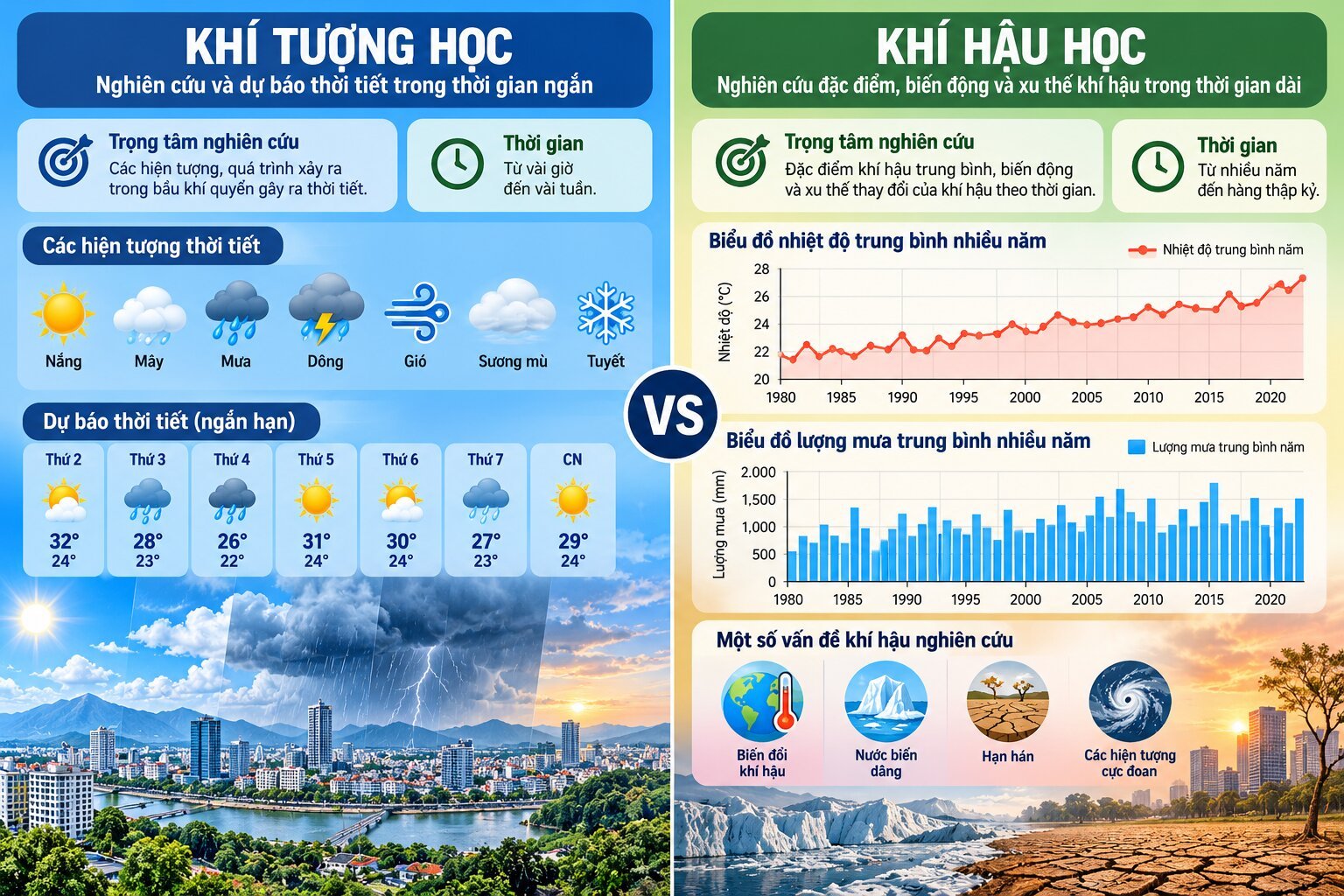 Infographic so sánh khí tượng học và khí hậu học qua biểu tượng thời tiết ngắn hạn và biểu đồ nhiệt độ, lượng mưa dài hạn