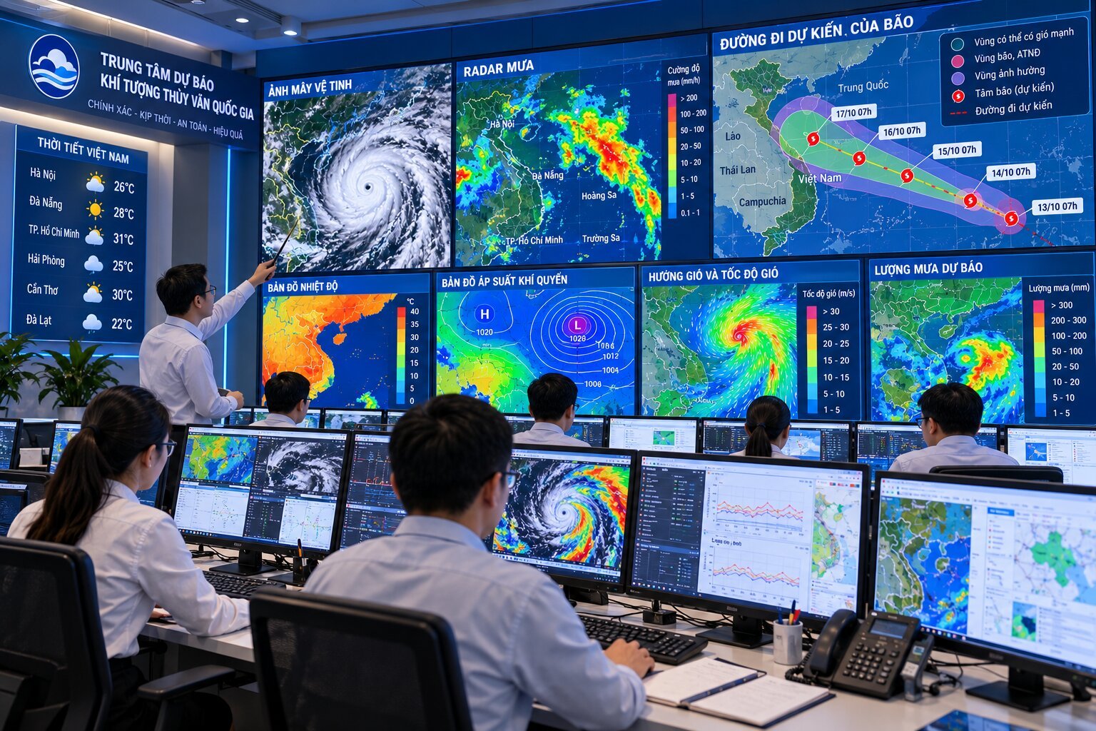 Trung tâm dự báo thời tiết hiện đại với chuyên gia phân tích ảnh vệ tinh, radar mưa, bản đồ nhiệt độ và hướng di chuyển của bão