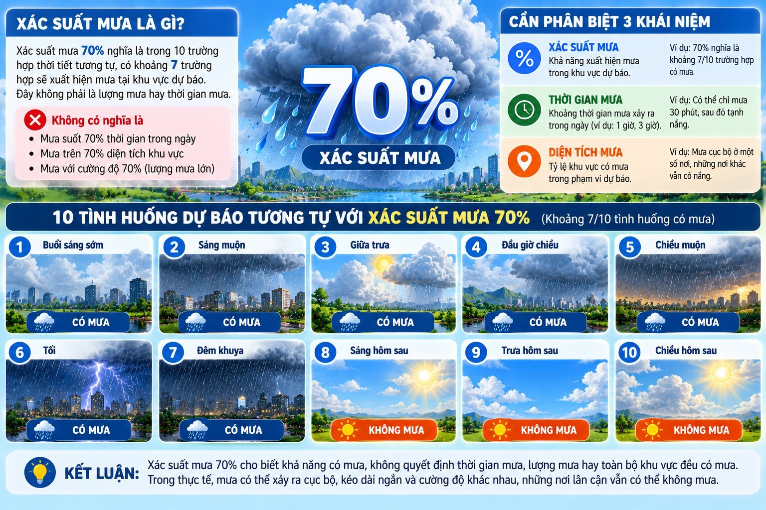Infographic giải thích xác suất mưa 70% nghĩa là gì, minh họa khả năng có mưa và phân biệt với thời gian, diện tích mưa