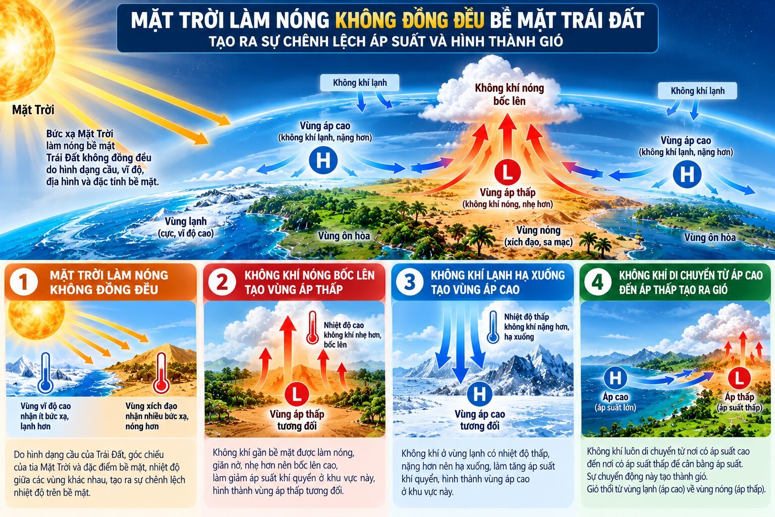 Sơ đồ giải thích gió hình thành như thế nào từ sự chênh lệch nhiệt độ, áp suất khí quyển và chuyển động của không khí gần mặt đất