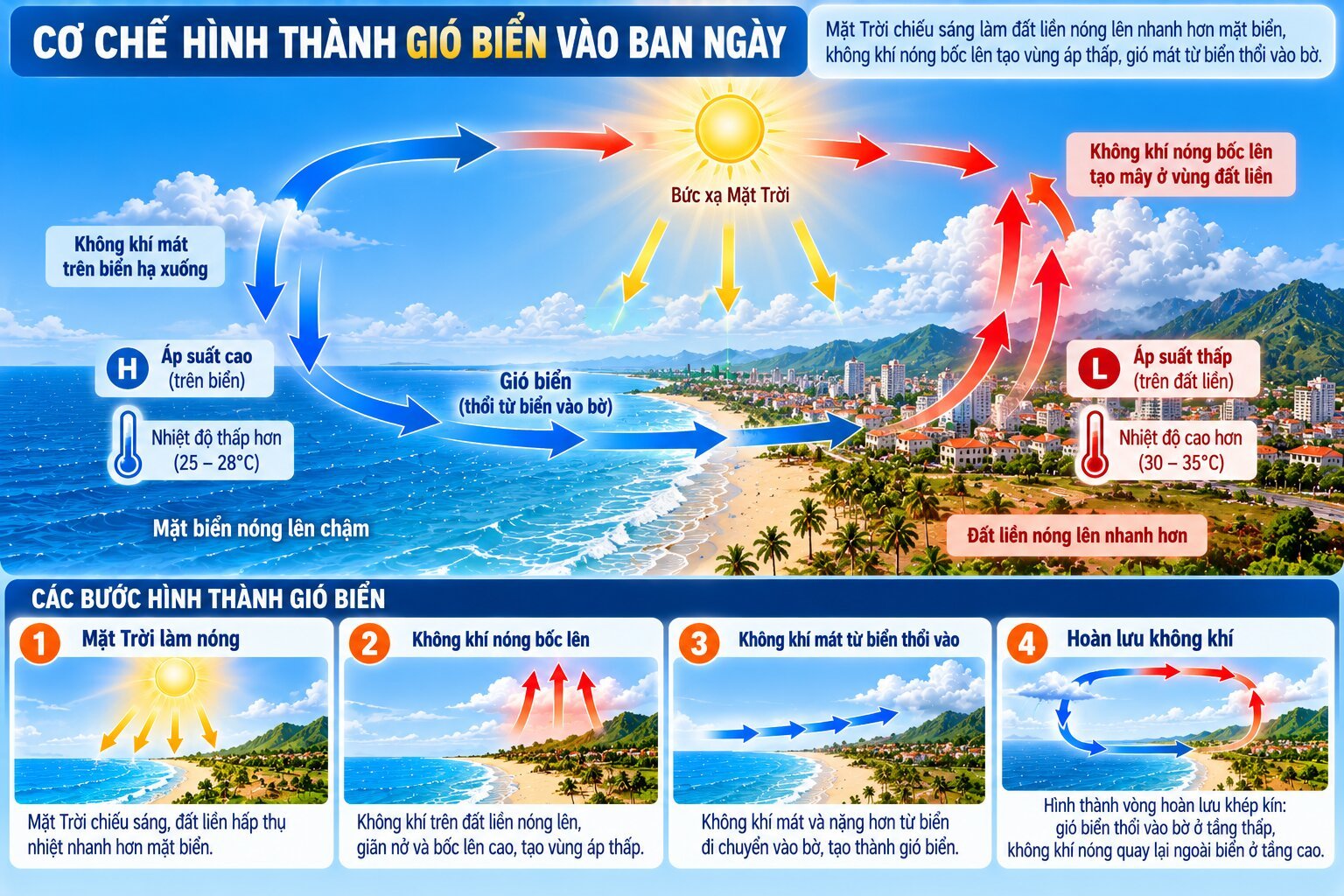 Sơ đồ hình thành gió biển ban ngày khi đất liền nóng lên, không khí bốc cao và luồng gió mát từ biển di chuyển vào bờ