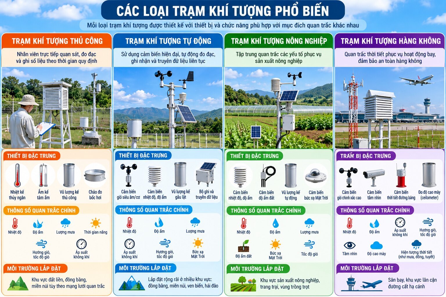 Infographic phân loại trạm khí tượng thủ công, tự động, nông nghiệp và hàng không cùng thiết bị quan trắc đặc trưng của từng loại