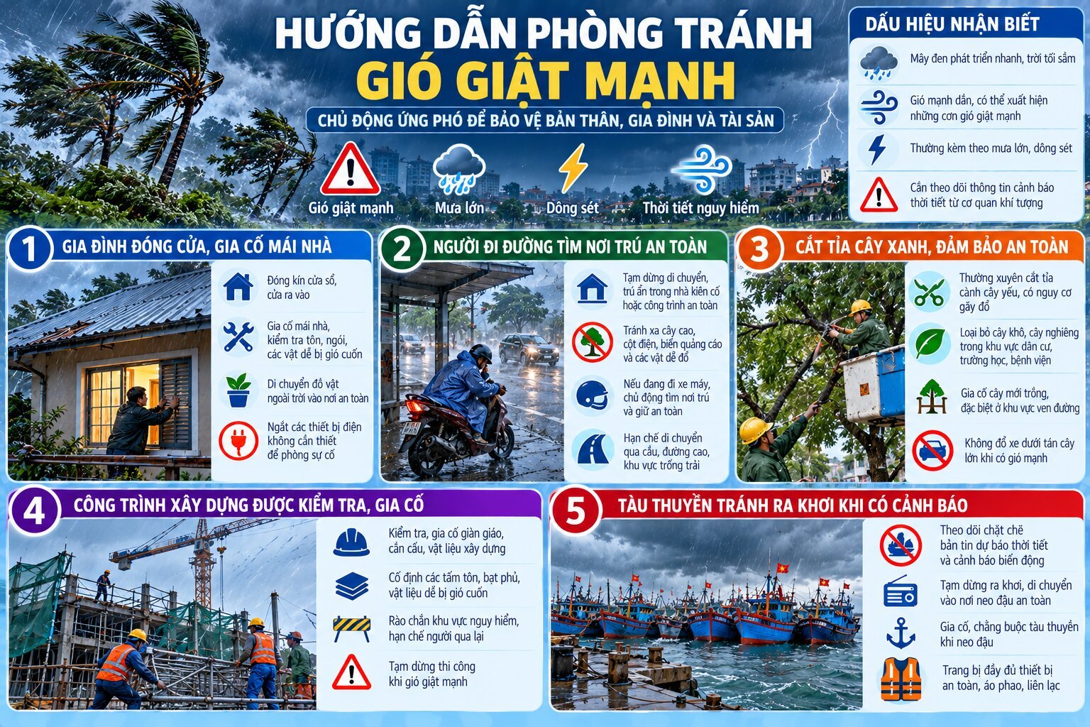 Infographic hướng dẫn phòng tránh gió giật mạnh bằng gia cố nhà cửa, tránh cây cao, bảo đảm an toàn giao thông và theo dõi cảnh báo