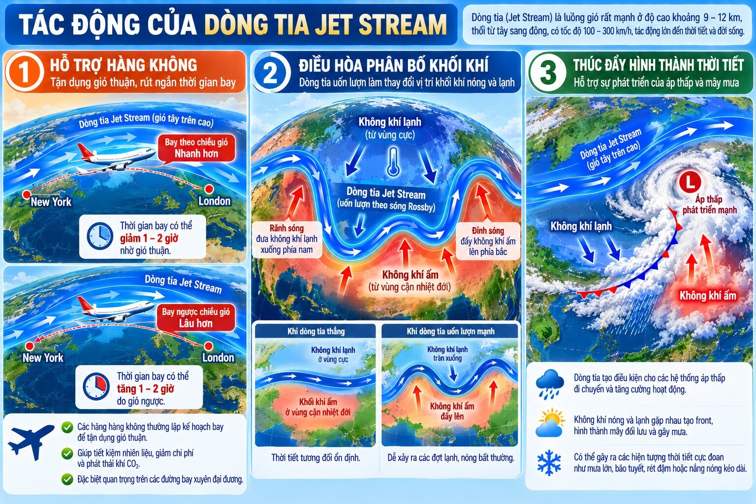 Infographic tác động của dòng tia Jet Stream đến hàng không, không khí lạnh, nắng nóng và sự phát triển của các hệ thống mưa