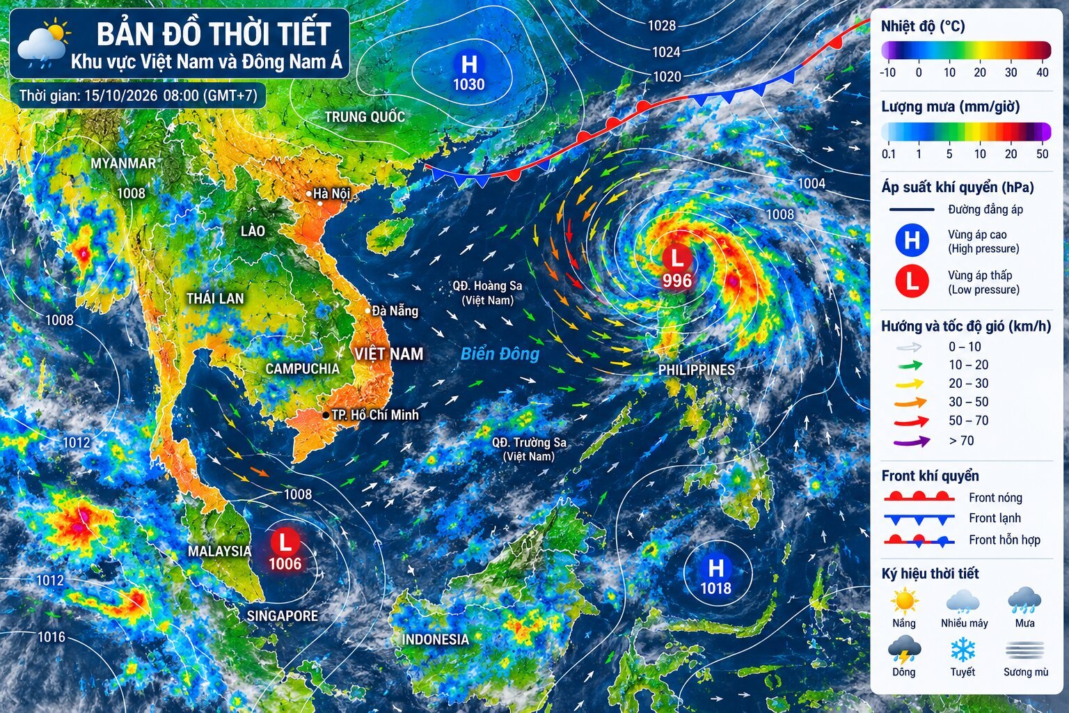 Bản đồ thời tiết Việt Nam và Đông Nam Á với ký hiệu nhiệt độ, lượng mưa, hướng gió, đường đẳng áp và vùng áp thấp khí quyển