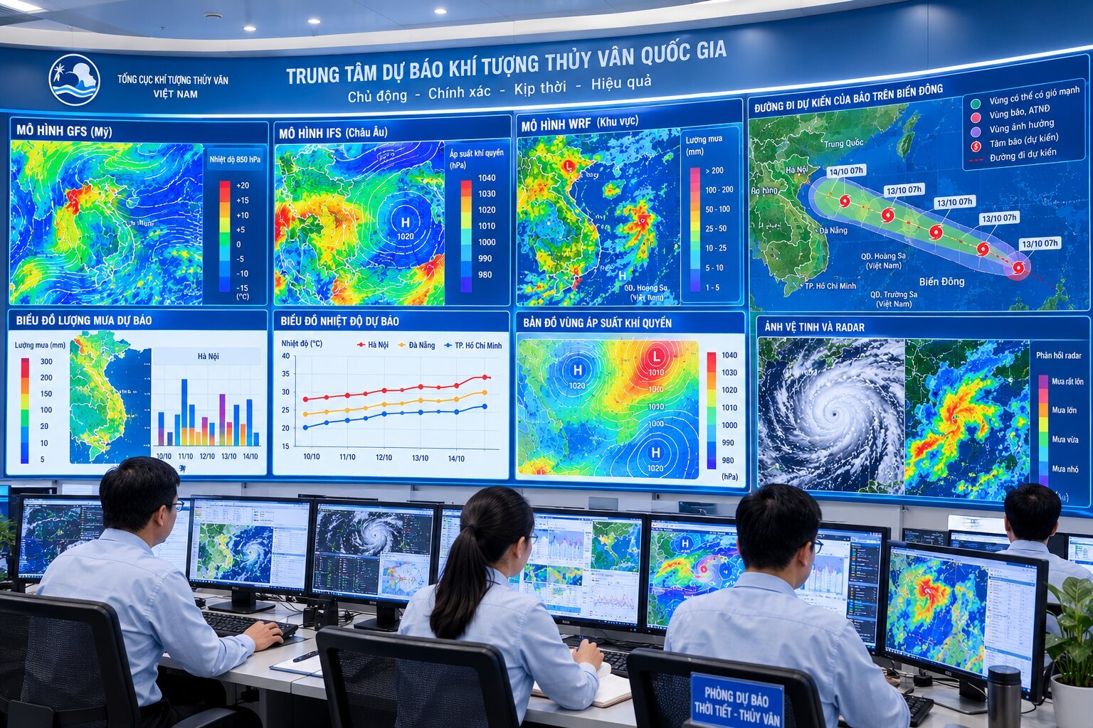 Trung tâm khí tượng sử dụng mô hình dự báo thời tiết GFS, IFS và WRF để phân tích bão trên Biển Đông, nhiệt độ và lượng mưa