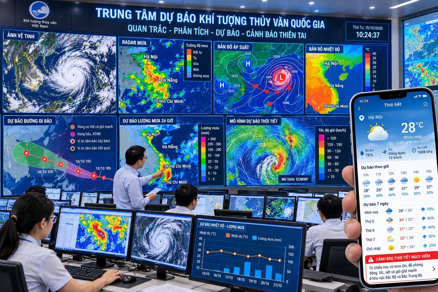 Trung tâm dự báo khí tượng với ảnh vệ tinh, radar mưa, mô hình thời tiết và điện thoại hiển thị dự báo theo giờ, xác suất mưa