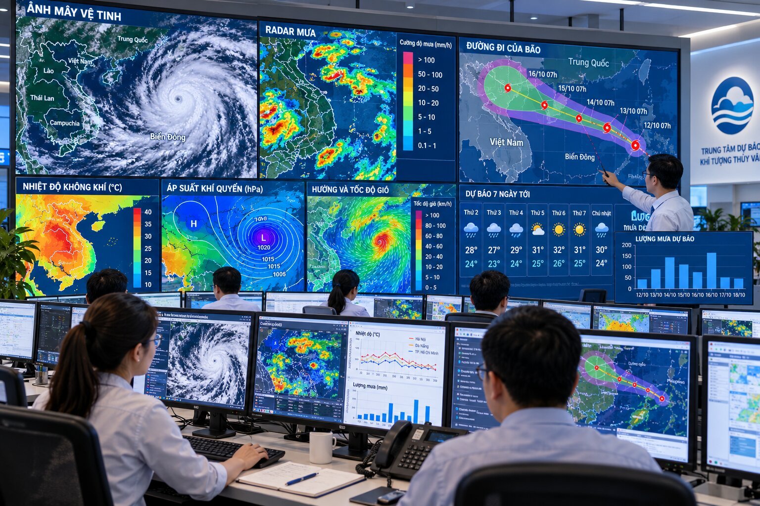 Trung tâm dự báo thời tiết hiện đại sử dụng dữ liệu vệ tinh, radar khí tượng và bản đồ mây để theo dõi mưa bão, nhiệt độ