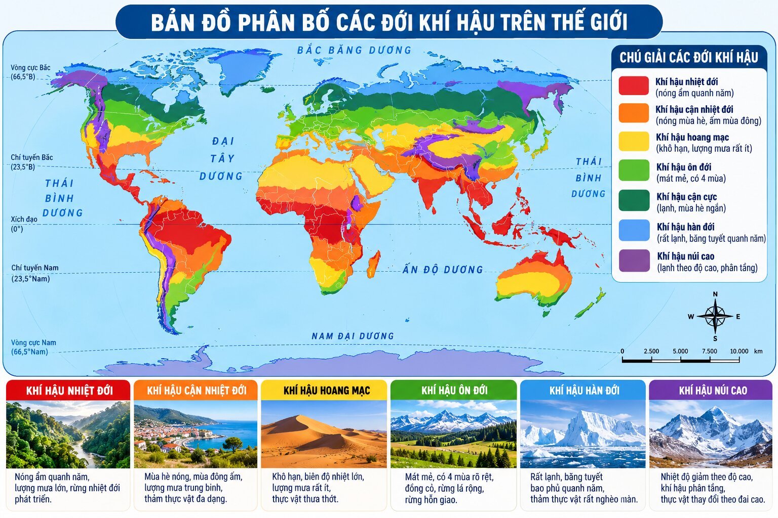  Bản đồ phân bố các đới khí hậu trên Trái Đất với màu sắc phân biệt vùng nhiệt đới, cận nhiệt đới, ôn đới và hàn đới