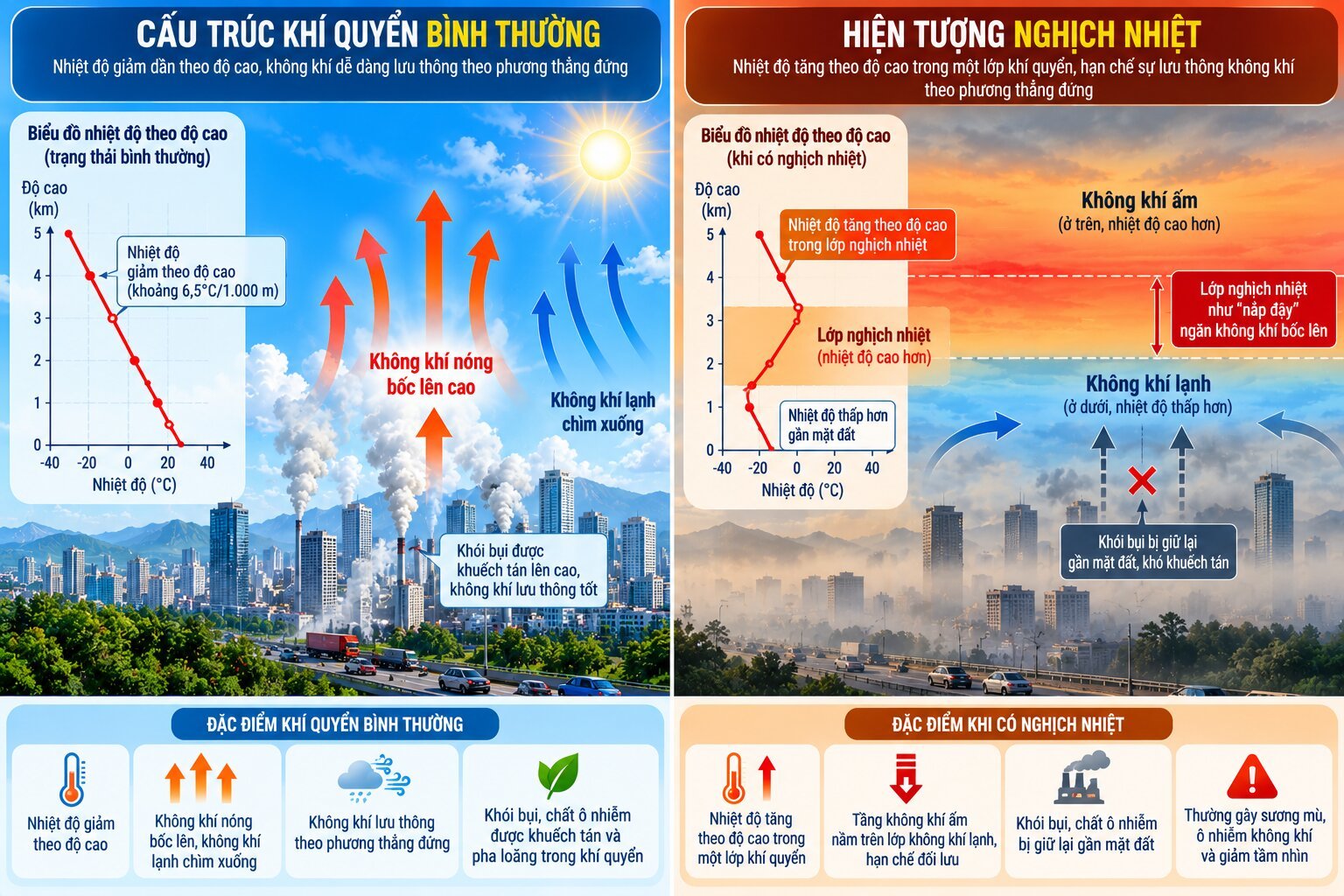 Infographic so sánh khí quyển bình thường và nghịch nhiệt, minh họa lớp khí ấm phía trên giữ không khí lạnh và khói bụi gần mặt đất