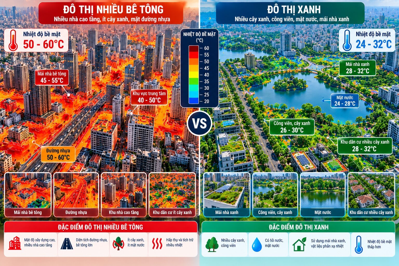Hình ảnh so sánh đô thị nhiều bê tông với đô thị xanh có công viên, hồ nước, mái nhà xanh và nhiệt độ bề mặt thấp hơn