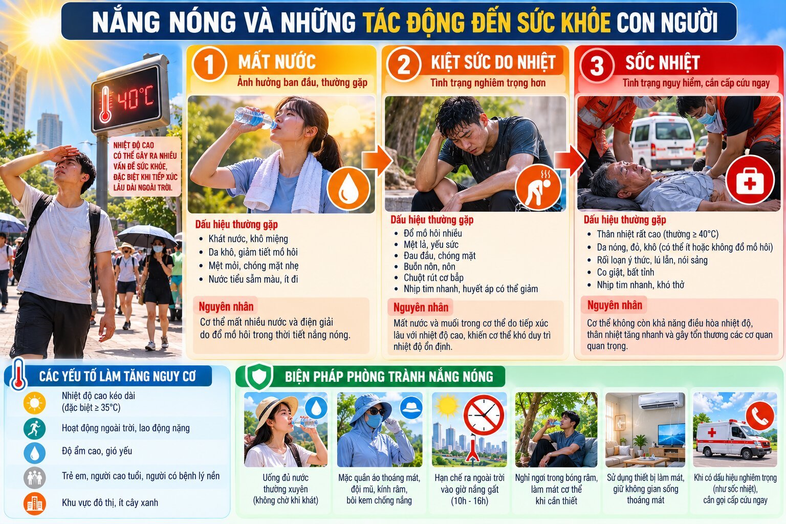  Infographic tác hại của nắng nóng đối với sức khỏe gồm mất nước, kiệt sức do nhiệt, sốc nhiệt và những biện pháp phòng tránh