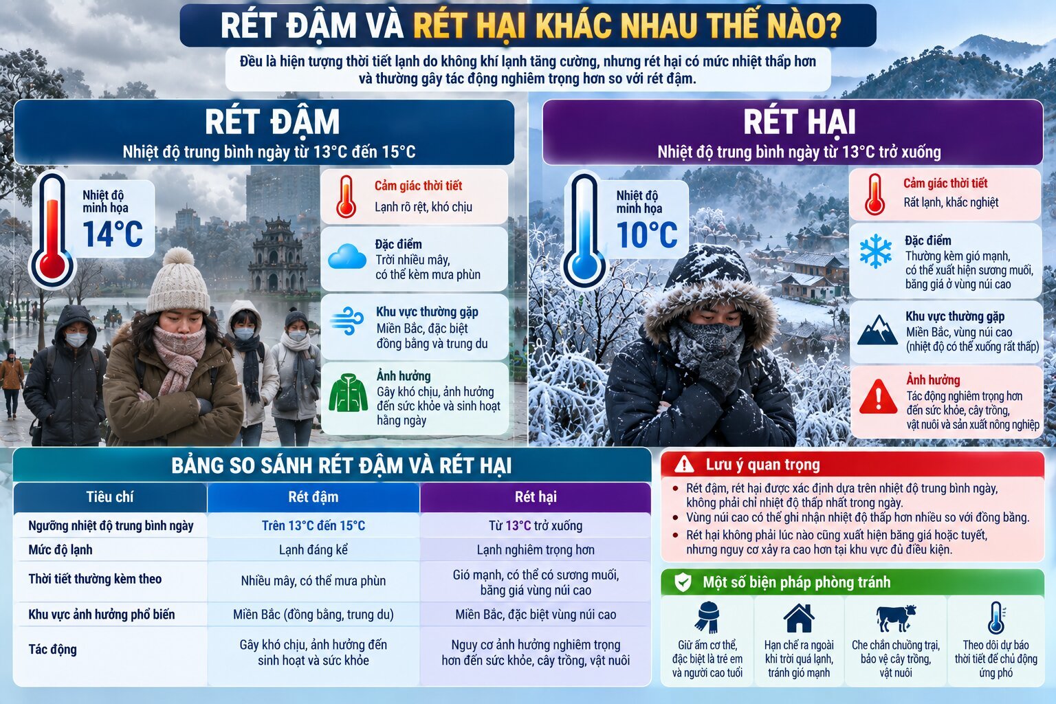 Infographic so sánh rét đậm và rét hại qua ngưỡng nhiệt độ trung bình ngày, mức độ lạnh và ảnh hưởng đến đời sống