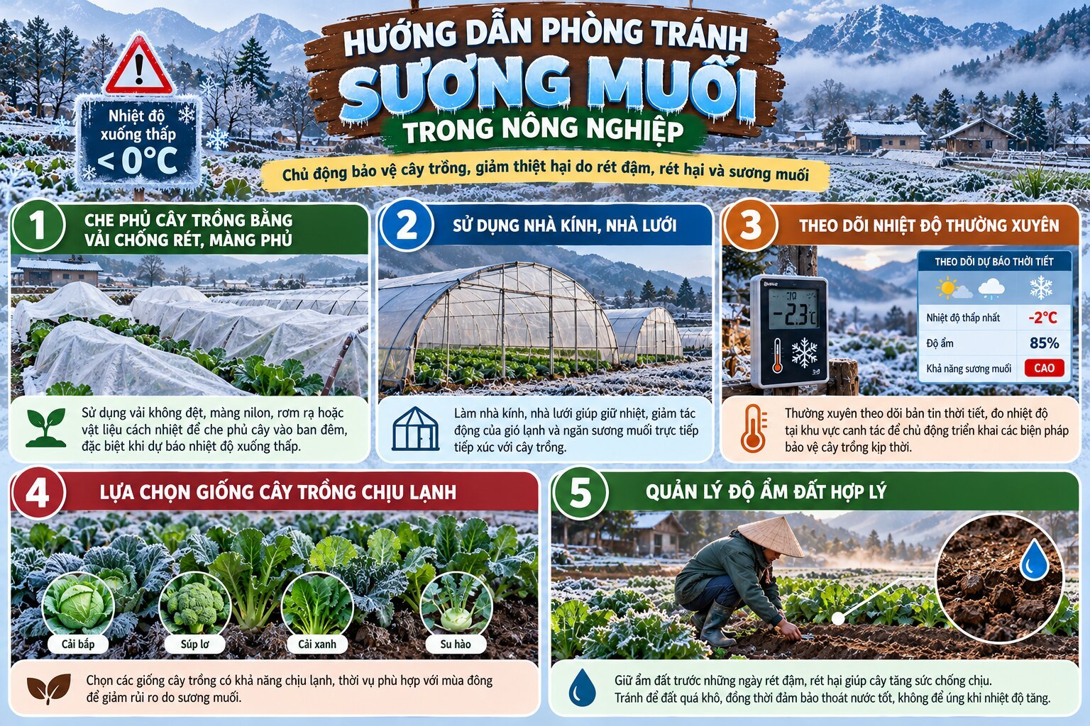 Infographic hướng dẫn phòng tránh sương muối cho cây trồng bằng che phủ chống rét, nhà kính, theo dõi nhiệt độ và chọn giống chịu lạnh