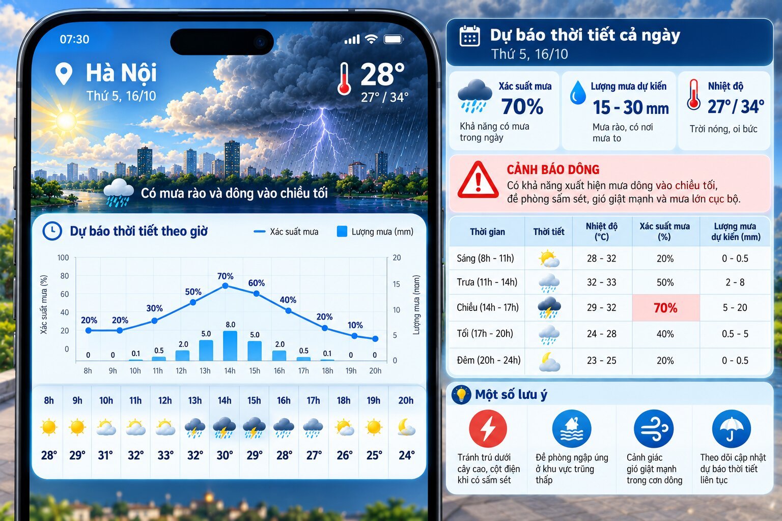 Hướng dẫn đọc xác suất mưa 70% theo giờ và theo ngày trên ứng dụng thời tiết, kết hợp biểu đồ phần trăm và lượng mưa