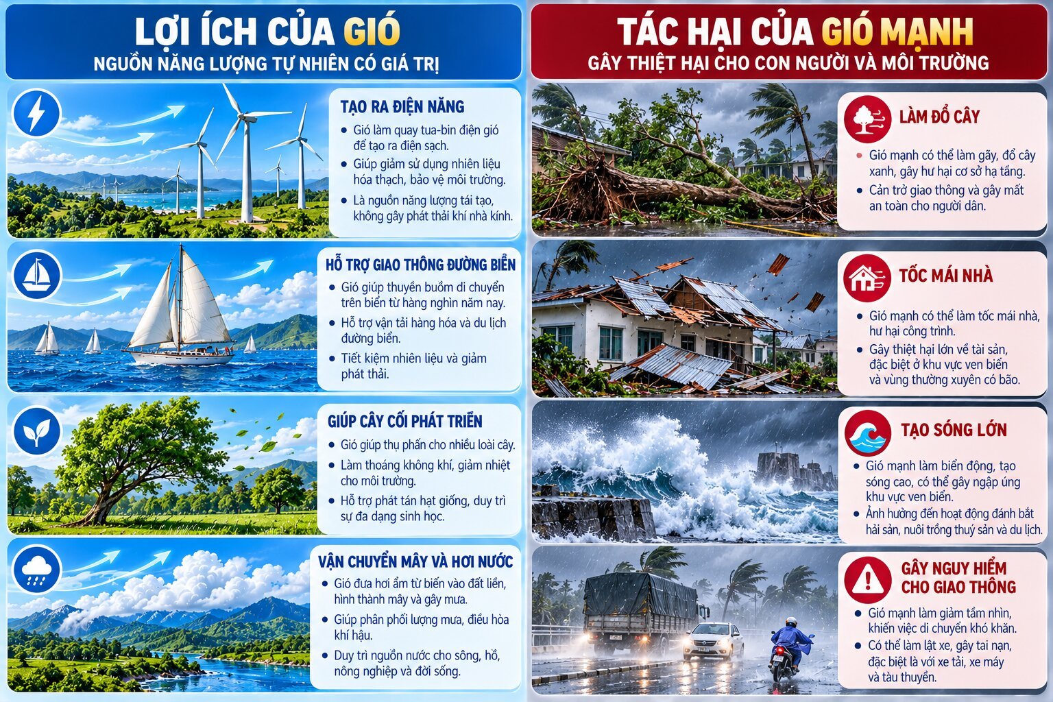 Infographic thể hiện vai trò của gió trong sản xuất điện, điều hòa khí hậu, thụ phấn và những tác hại của gió mạnh đối với đời sống