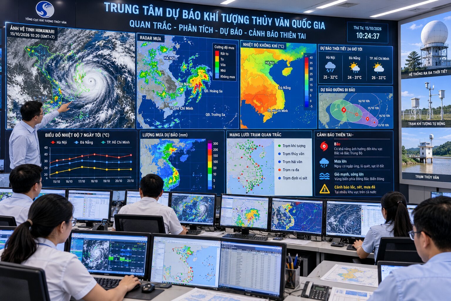 Trung tâm dự báo khí tượng sử dụng dữ liệu từ các trạm quan trắc, bản đồ thời tiết, radar mưa và ảnh vệ tinh để phân tích khí quyển