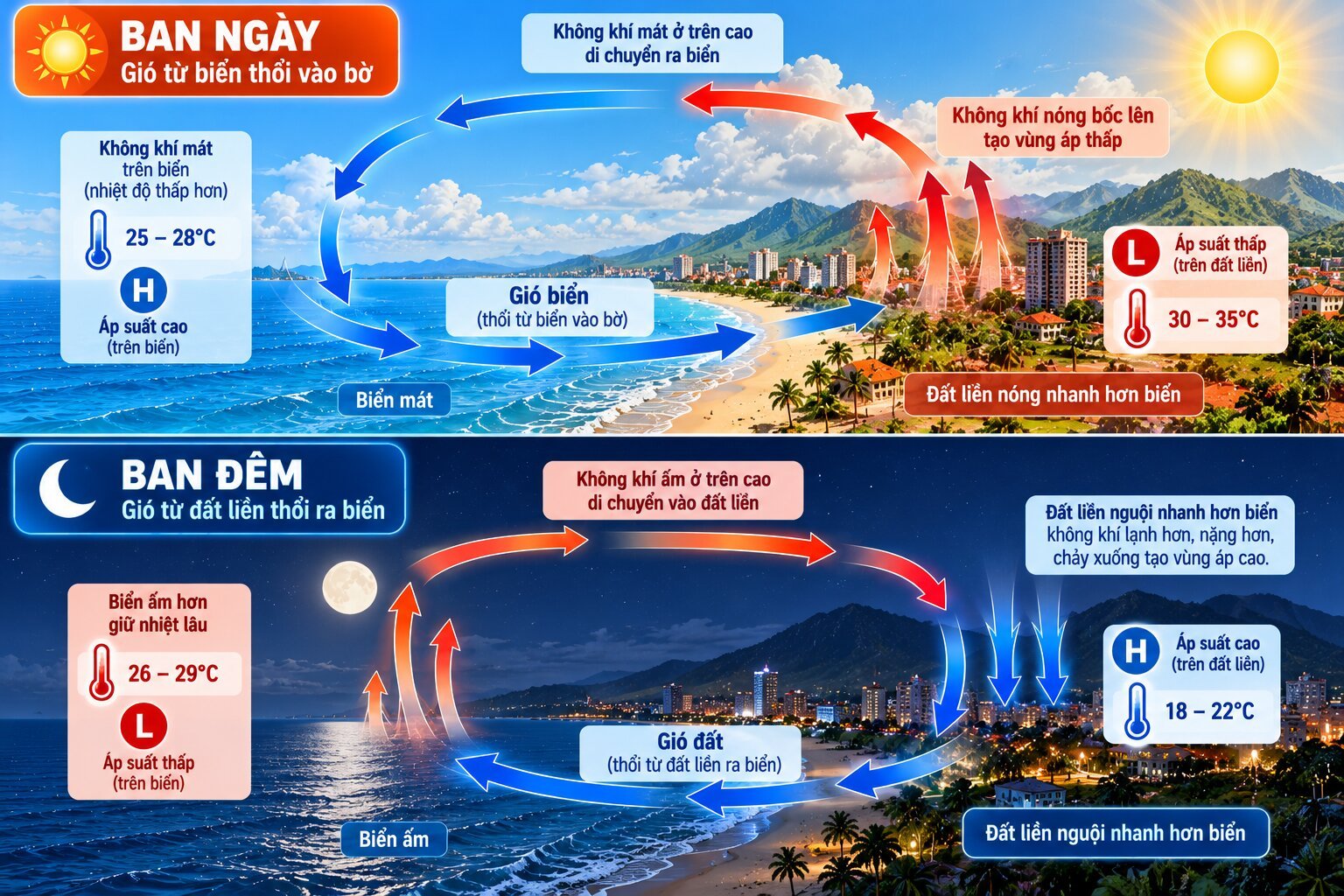 Infographic so sánh gió biển ban ngày và gió đất ban đêm với hướng gió, sự chênh lệch nhiệt độ và vòng hoàn lưu không khí