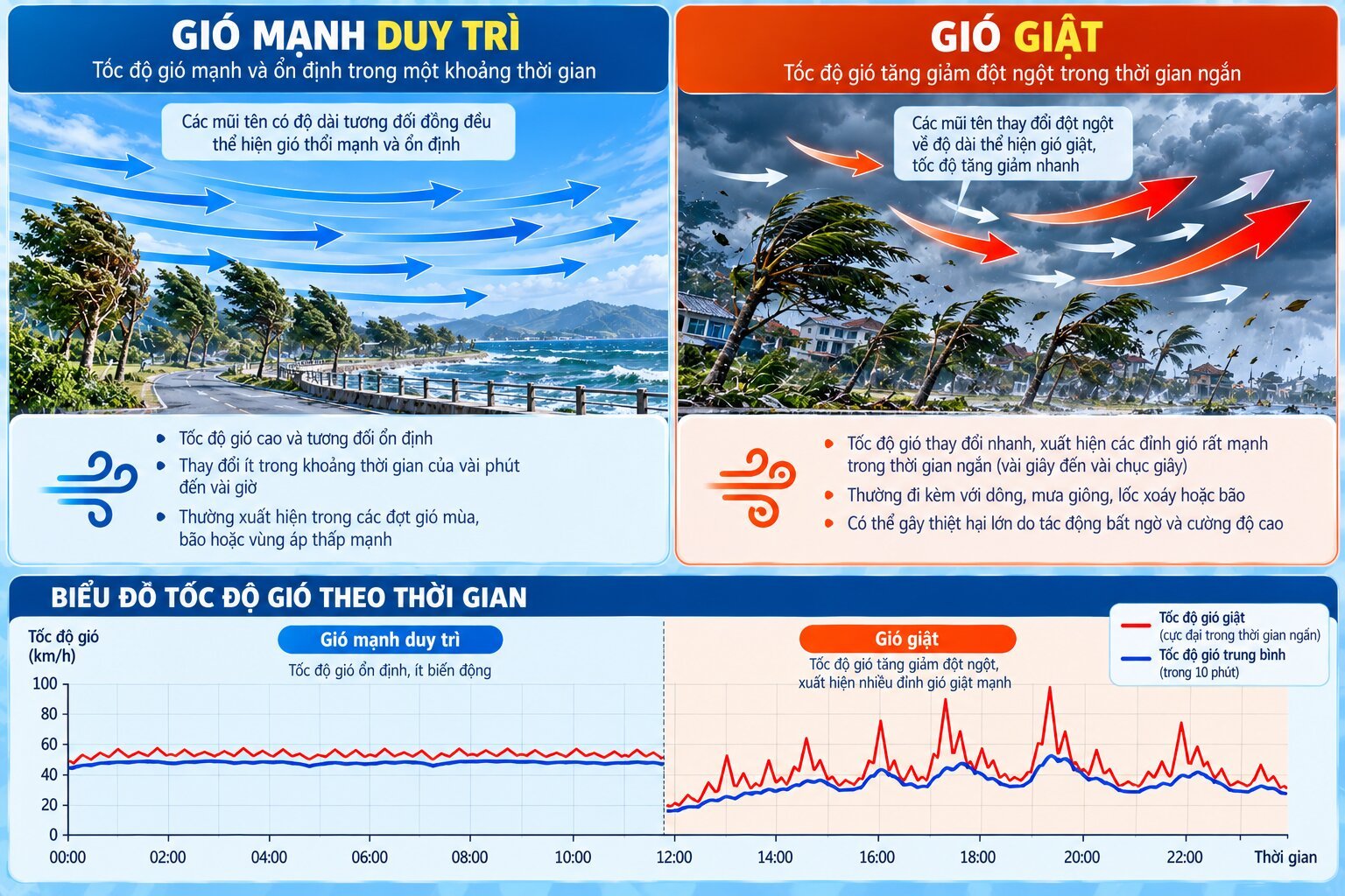 Infographic phân biệt gió giật và gió mạnh bằng biểu đồ tốc độ gió theo thời gian, thể hiện các đỉnh gió tăng đột ngột
