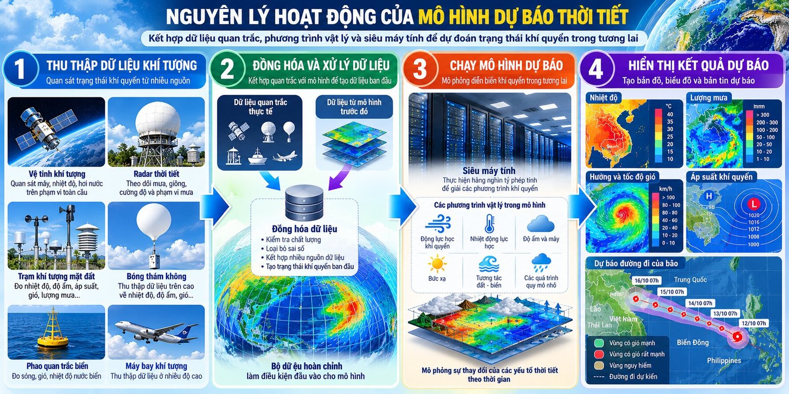 Infographic giải thích nguyên lý mô hình dự báo thời tiết từ thu thập dữ liệu, đồng hóa, tính toán trên siêu máy tính đến kết quả dự báo
