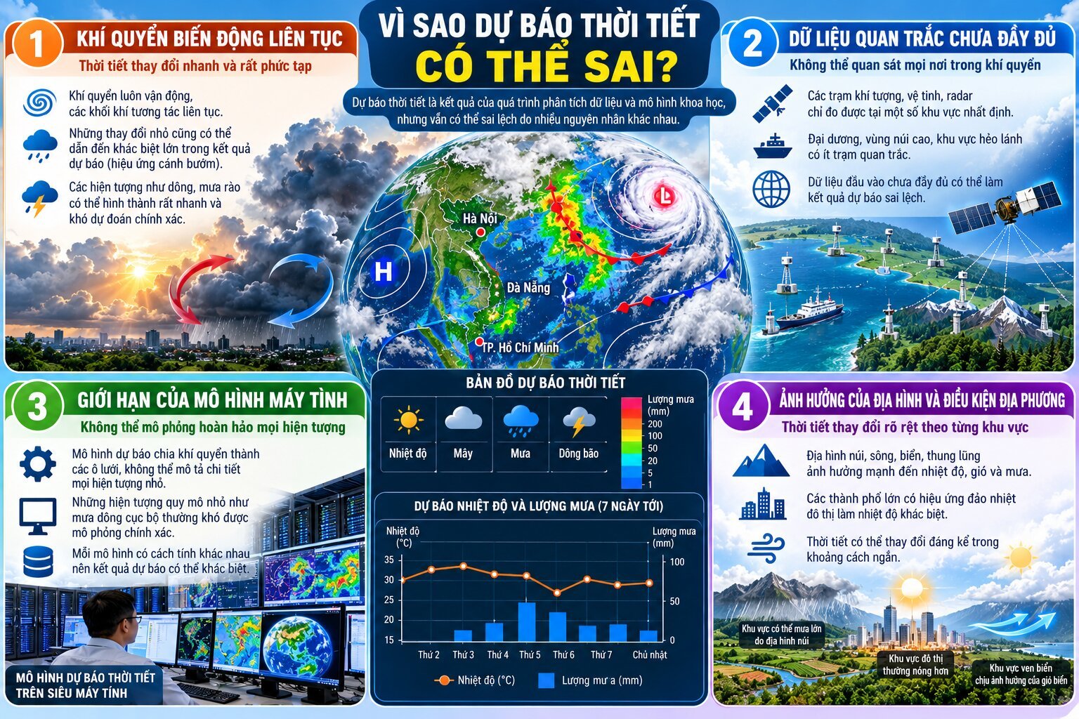  Infographic giải thích vì sao dự báo thời tiết có thể sai do biến động khí quyển, thiếu dữ liệu quan trắc và giới hạn mô hình