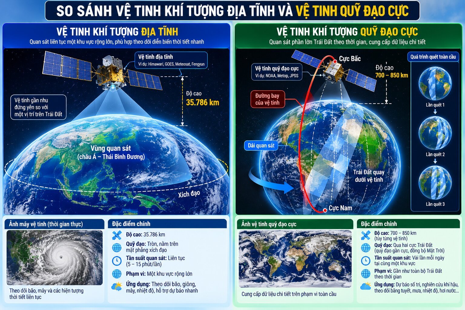 Infographic so sánh vệ tinh khí tượng địa tĩnh và quỹ đạo cực với độ cao hoạt động, đường bay và phạm vi quan sát Trái Đất